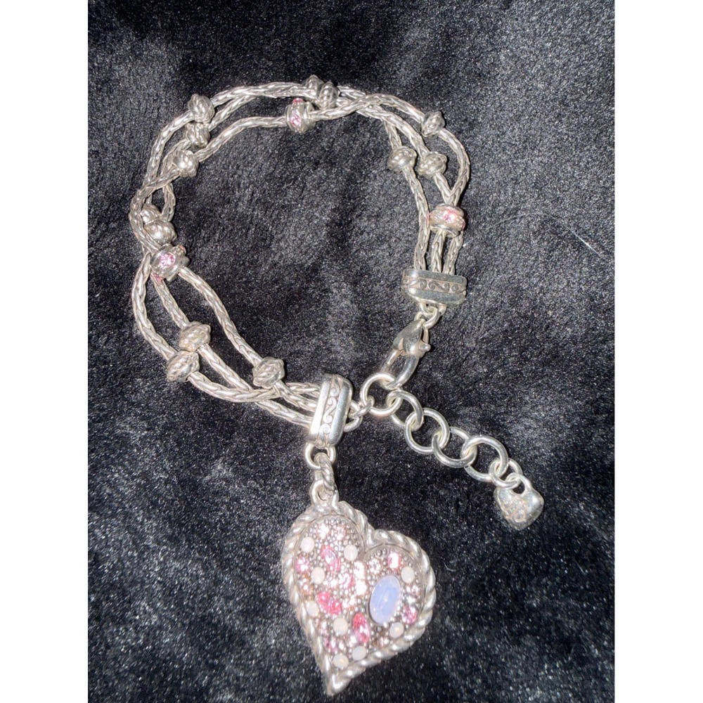 Brighton Silver Pink Crystal Reversible Heart Ribbon Multi Strand Bracelet